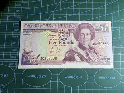 【炜奕收藏】，第五十七期，英联邦女王专场 - 1989年泽西岛5镑，UNC-品相，轻微压痕，号码无47尾8