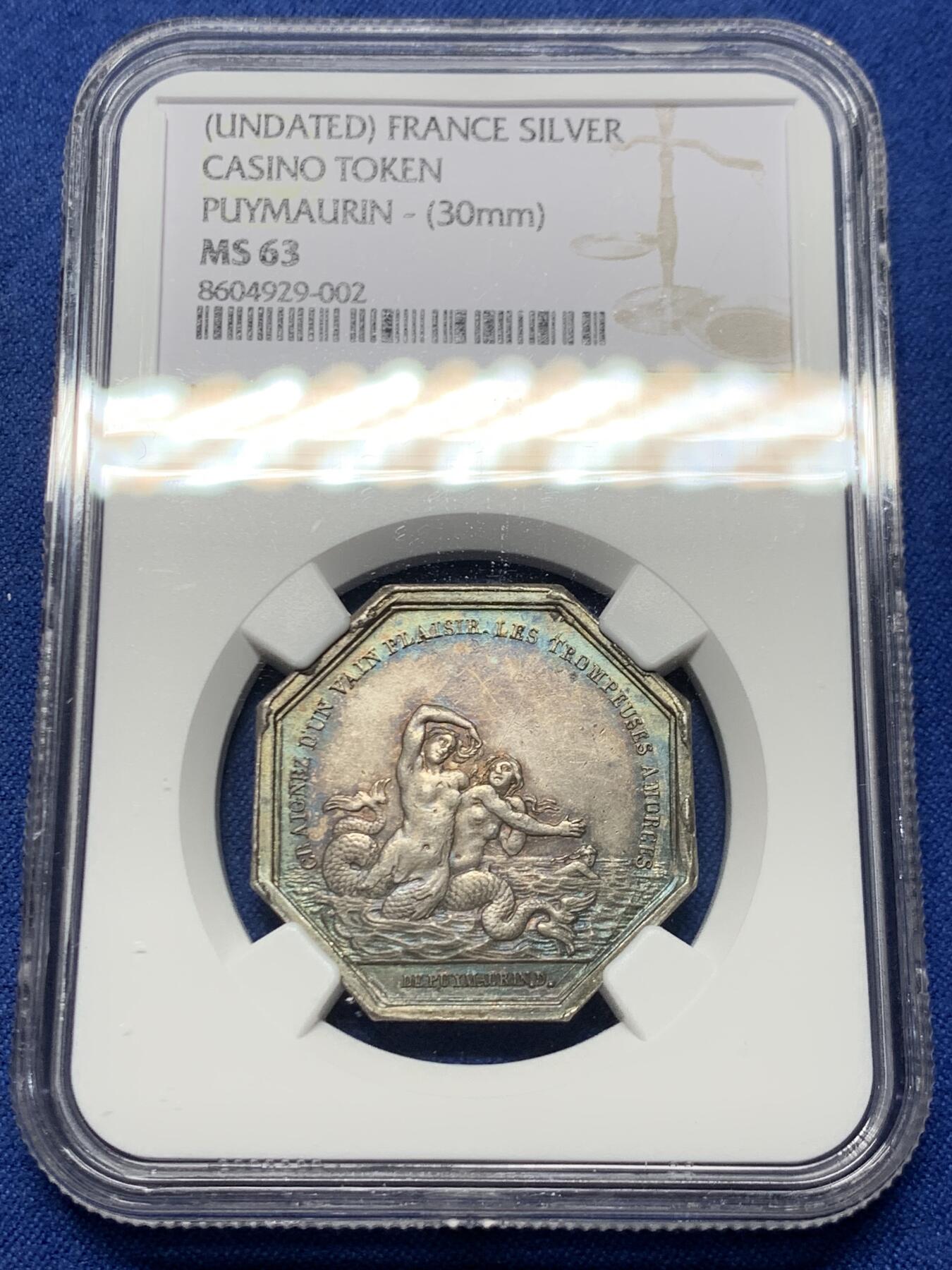 《竞宝斋》第458场 周日，周一，周二   3场连拍 （全场包邮）欢迎送拍 NGC-MS63 法国婚姻与爱情八角银质代币，“对欺骗性的诱惑怀着徒劳的快乐”＆“暴风雨中的平静”