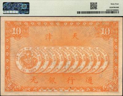 宜和2025年秋季拍卖 纸币 光绪年·天津万义川银号拾圆，背印10枚北洋银元图，北洋官报局印，未填用，形制颇为精美霸气；PMG 64