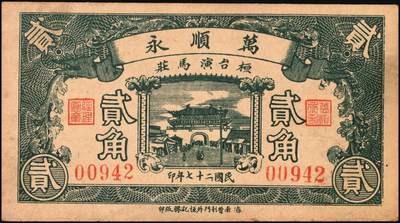 宜和2025年秋季拍卖 纸币 山东钱庄票一组9枚，其中：①文登·宝山堂壹角；②广饶·恒升号叁角；荣成③双增盛1924年壹圆；④仁和盛1925年贰佰文；⑤恒泰福1930年贰佰文；⑥黄县·恒顺东1930年伍佰文；牟平⑦义兴德1931年叁角；⑧同聚兴1938年贰角；⑨桓台·万顺永1938年贰角；原票，八五至全新