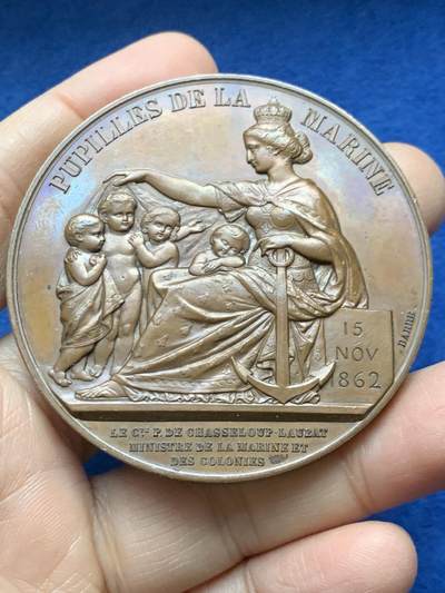 《竞宝斋》第458场 周日，周一，周二   3场连拍 （全场包邮）欢迎送拍 - 法国拿破仑三世头像海军学员铜章，111.90g，59.4mm，蜜蜂边铭