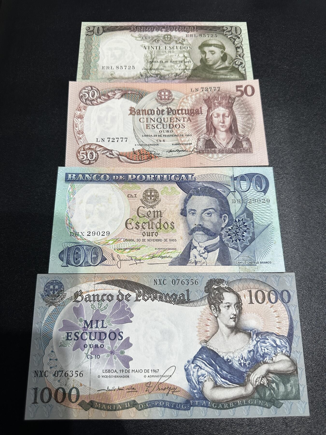 《外钞收藏家》第六百零二期（精品场）（本平台长期征集拍品、欢迎藏友们联系合作） 葡萄牙20-1000面额 四张一起 AU品相 100有黄斑也当AU