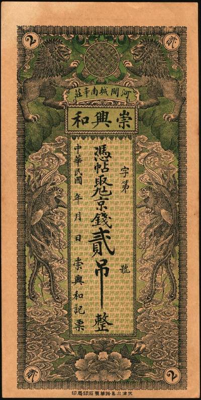 宜和2025年秋季拍卖 纸币 民国钱庄票一组3枚：直隶①献县源庆花店京钱壹吊；②河间崇兴和京钱贰吊；山东③（德州）宁津县财务局京钱叁吊；原票，八至九品