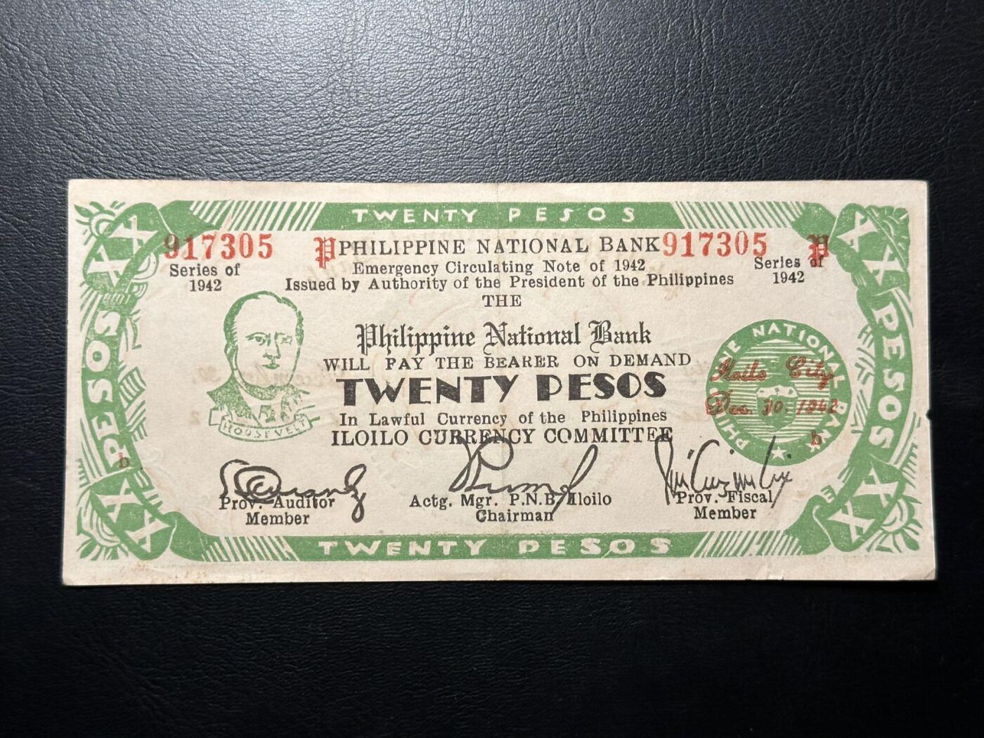 丙午马年第三场—综合大拍 1942年20菲律宾比索品相au+，由菲律宾中央银行发行，头像确是美国总统罗斯福。非常稀有！