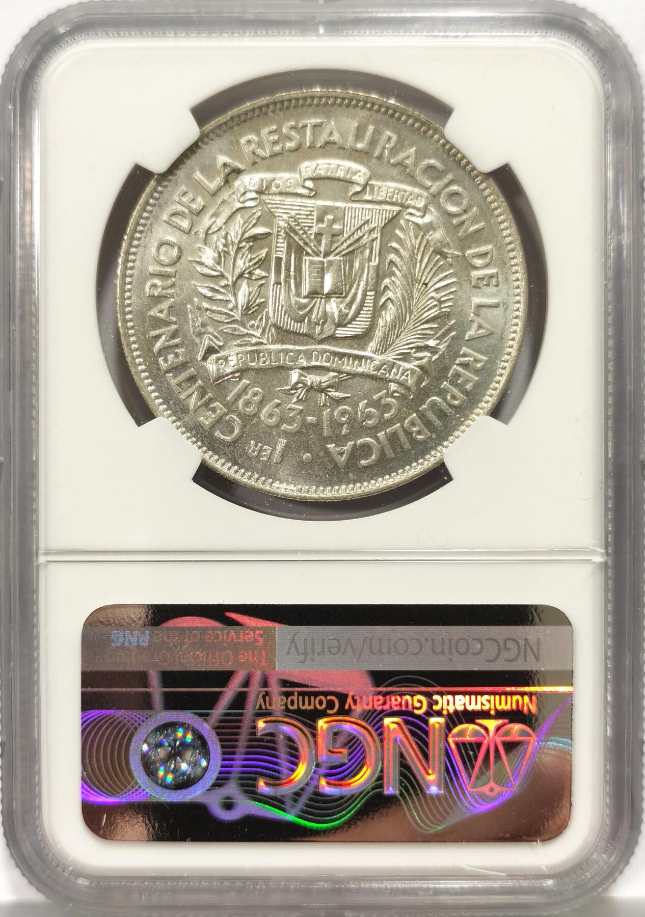 博洋堂世界钱币拍卖第157期（全场包邮） NGC MS65 多米尼加1963年1比索大银币，光度极佳，热门品种，一步到位好品相。