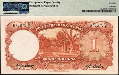 宜和2025年秋季拍卖 纸币 民国二十五年（1936年）中央银行德纳罗版壹圆，李觉·黄秀峰签名；重复号675675，PMG英文专属注释，据统计每百万张大约仅有1000张此类型号码，号码较为稀少；PMG 66 EPQ/Repeater Serial Number