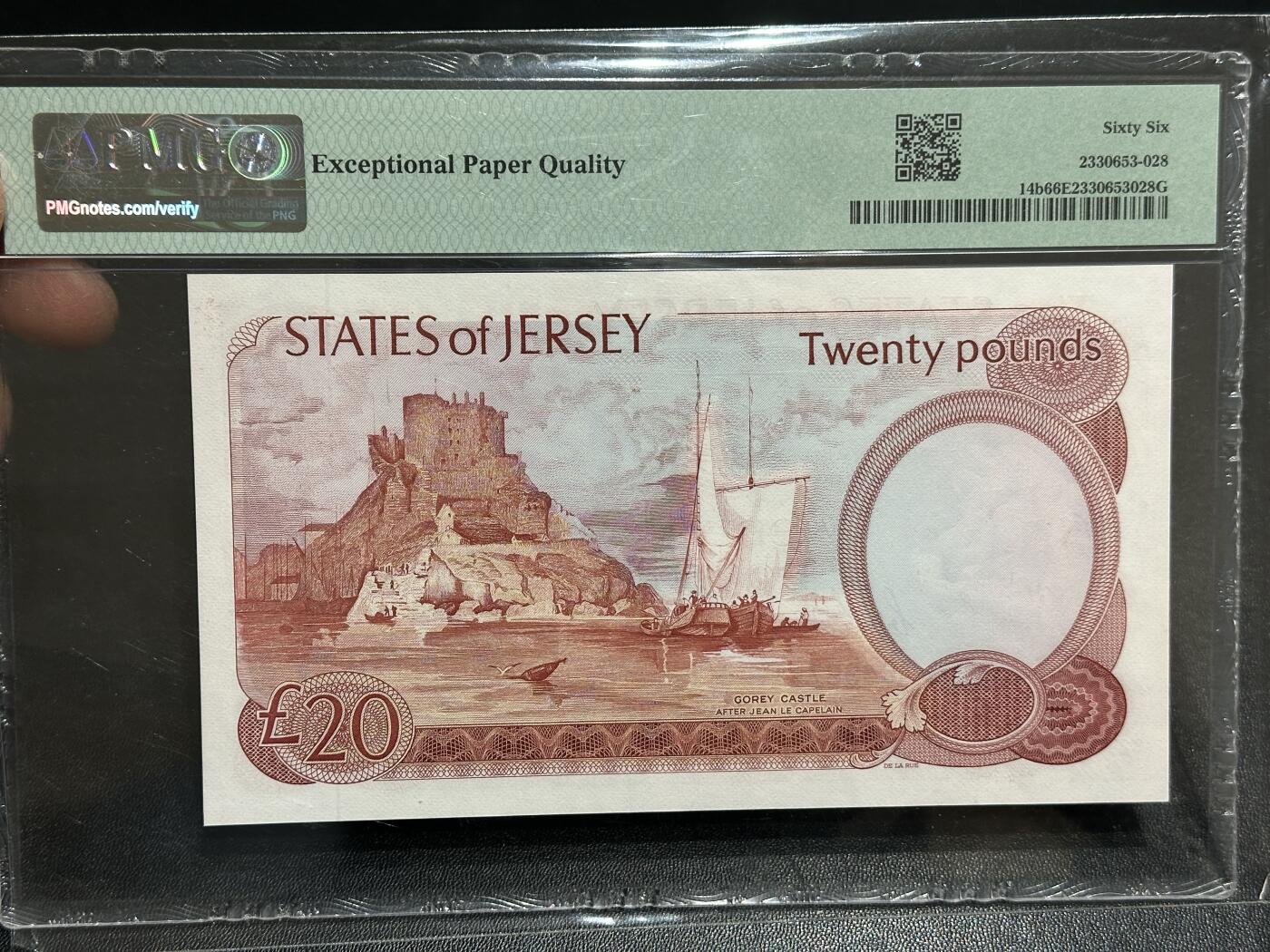 《外钞收藏家》第六百零二期（精品场）（本平台长期征集拍品、欢迎藏友们联系合作） 1976-88年泽西20镑 PMG66 精美女王 稀少版本