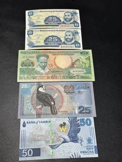 《外钞收藏家》第六百零二期（精品场）（本平台长期征集拍品、欢迎藏友们联系合作） - 尼加拉瓜、苏里南、赞比亚 五张一起 全新UNC