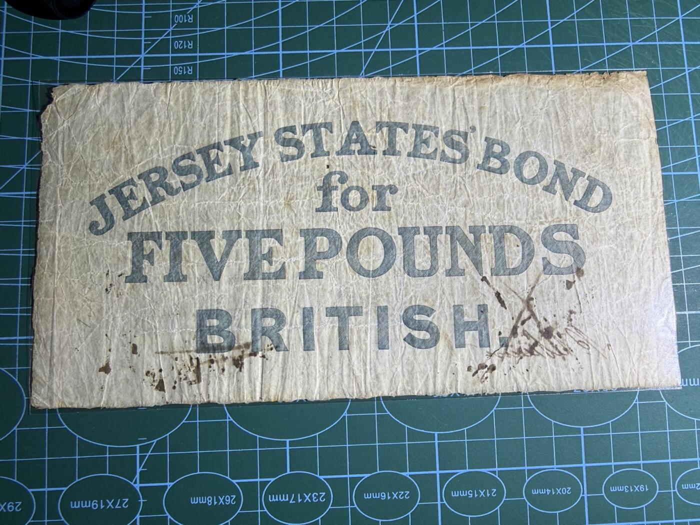 【炜奕收藏】，第五十七期，英联邦女王专场 1840年泽西岛5镑，品相如图，近200年老钞，超大票幅，白镑风格，50号小号