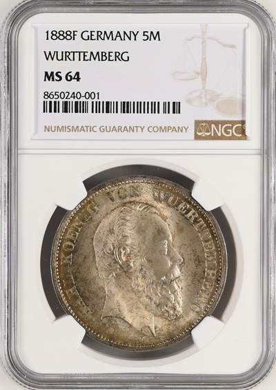 NGC-MS64 1888 德国符腾堡5马克银币 - NGC-MS64 1888 德国符腾堡5马克银币