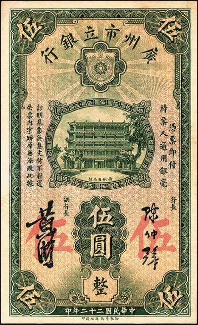 宜和2025年秋季拍卖 纸币 民国二十二年（1933年）广州市立银行华德路版壹毫、壹圆、伍圆、拾圆各1枚，均为第二版陈仲璧·黄滋签名，后三者为蓝色号码券；七至九品