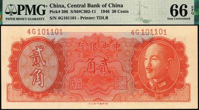 宜和2025年秋季拍卖 纸币 1946年中央银行金圆券德纳罗版贰角，贝祖贻·梁平签名，贝祖贻是建筑大师贝聿铭之父；四标特殊号码101101，PMG英文专属注释，据统计每百万张大约仅有2张此类型号码，较为珍罕，号码币玩法的顶端存在，PMG 66 EPQ/Rotator-Radar-Repeater-Binary Serial Number