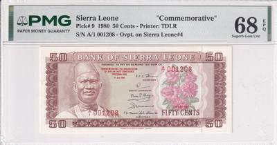 【礼羽收藏】🌏世界钱币拍卖第120期 - 【PMG68唯二冠军分】【首发A/1冠】非洲 塞拉利昂 非洲会议召开 纪念钞 50生丁 千位号码无47尾8