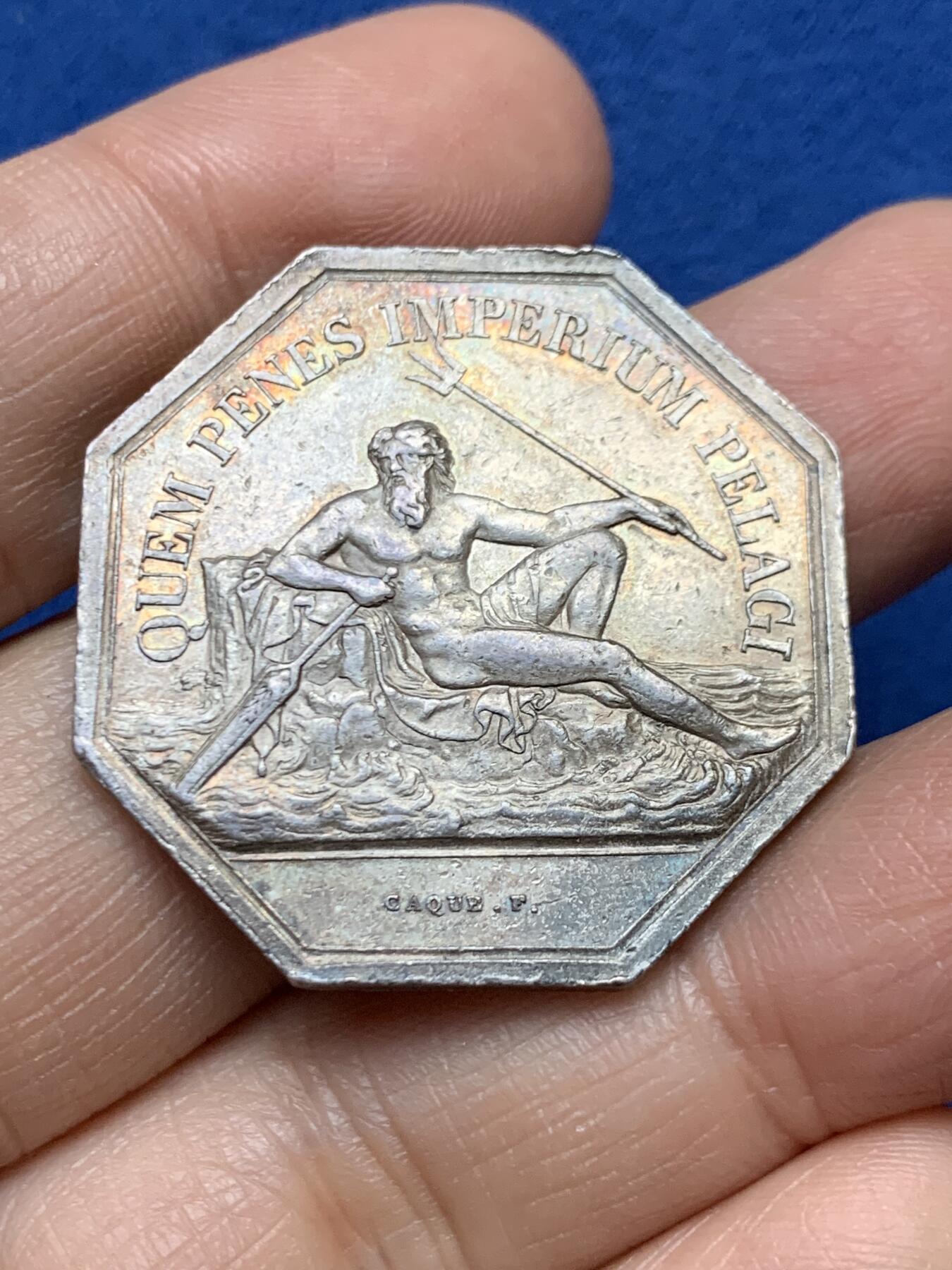 《竞宝斋》第458场 周日，周一，周二   3场连拍 （全场包邮）欢迎送拍 法国八角银章，海王海上保险公司，18.95g，33.8mm，1842-1845船首边铭