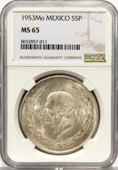 博洋堂世界钱币拍卖第157期（全场包邮） - NGC MS65 墨西哥1953年5比索大银币，极品转光状态，一步到位好品相。