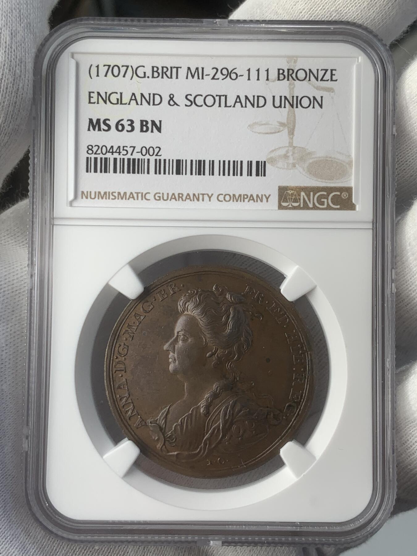 掌中浮雕-藏着的欧洲第049场 NGC MS63 ：1707年英格兰与苏格兰建立联合王国纪念铜章，35mm