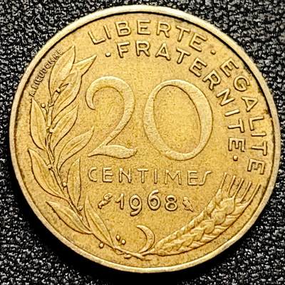 泉币菌-第168场- 精品福利场 - 23mm 法国20分 1968年 黄铜硬币 