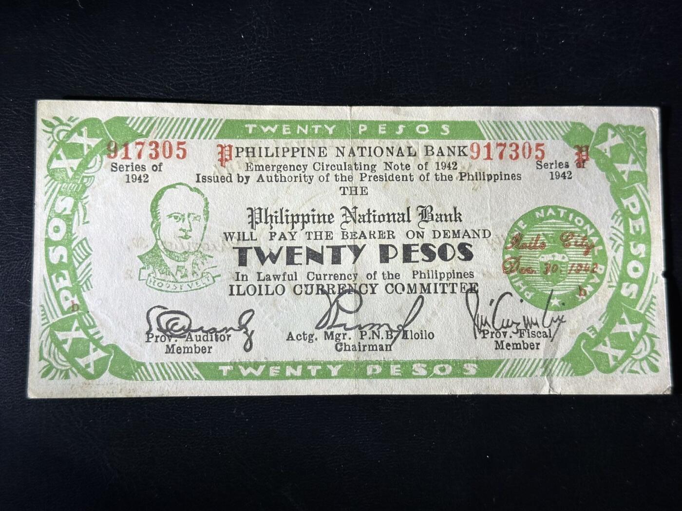丙午马年第三场—综合大拍 1942年20菲律宾比索品相au+，由菲律宾中央银行发行，头像确是美国总统罗斯福。非常稀有！