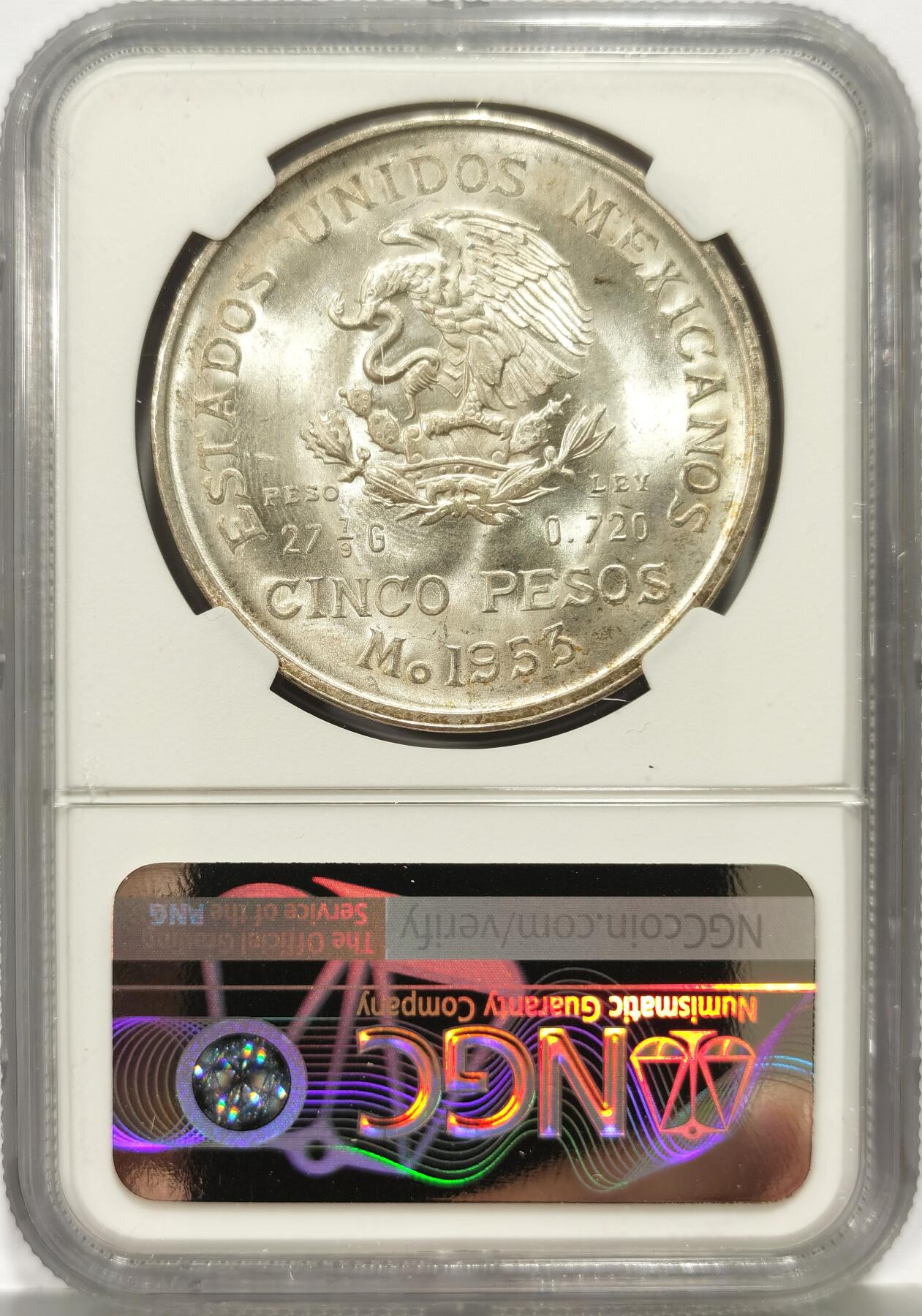 博洋堂世界钱币拍卖第157期（全场包邮） NGC MS65 墨西哥1953年5比索大银币，极品转光状态，一步到位好品相。