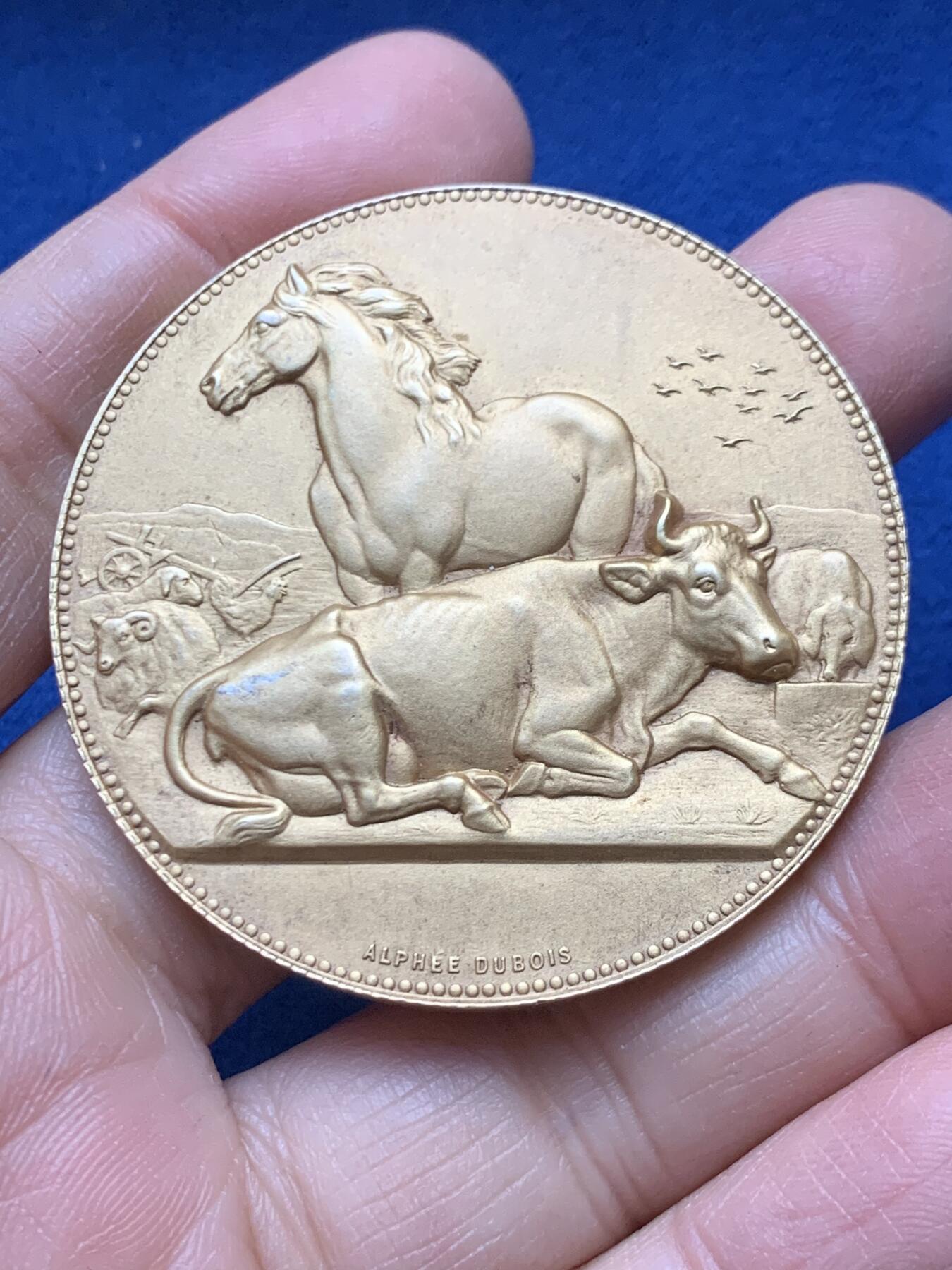 《竞宝斋》第458场 周日，周一，周二   3场连拍 （全场包邮）欢迎送拍 法国A.Dubois 农业协会镀金银章，65.65g，50mm，丰饶角1argent边铭