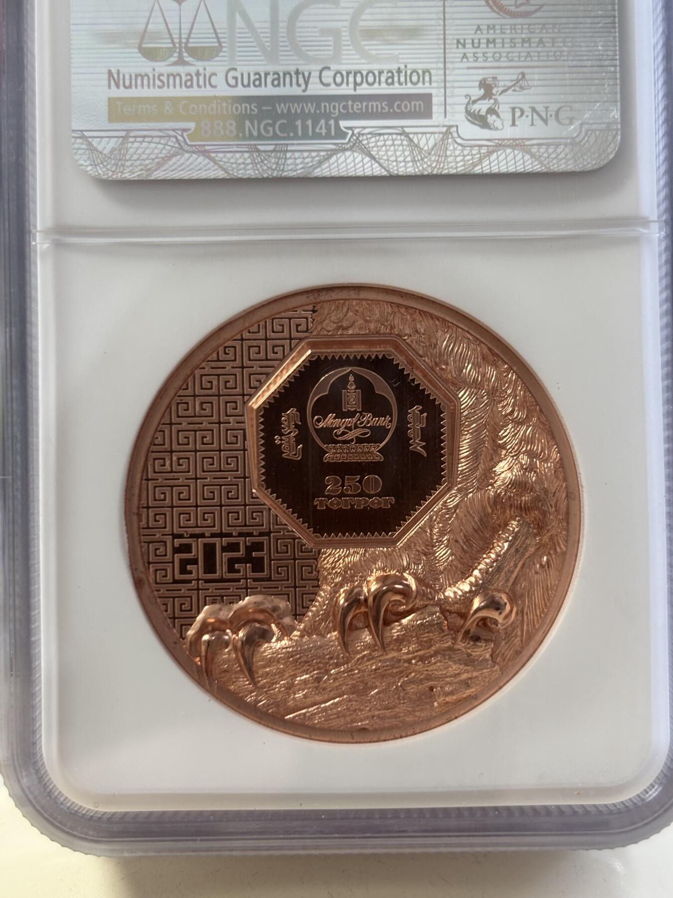 第188期拍卖 蒙古2023年野生动物猎鹰双面高浮雕铜币NGC-PF70首无原盒证书，50克