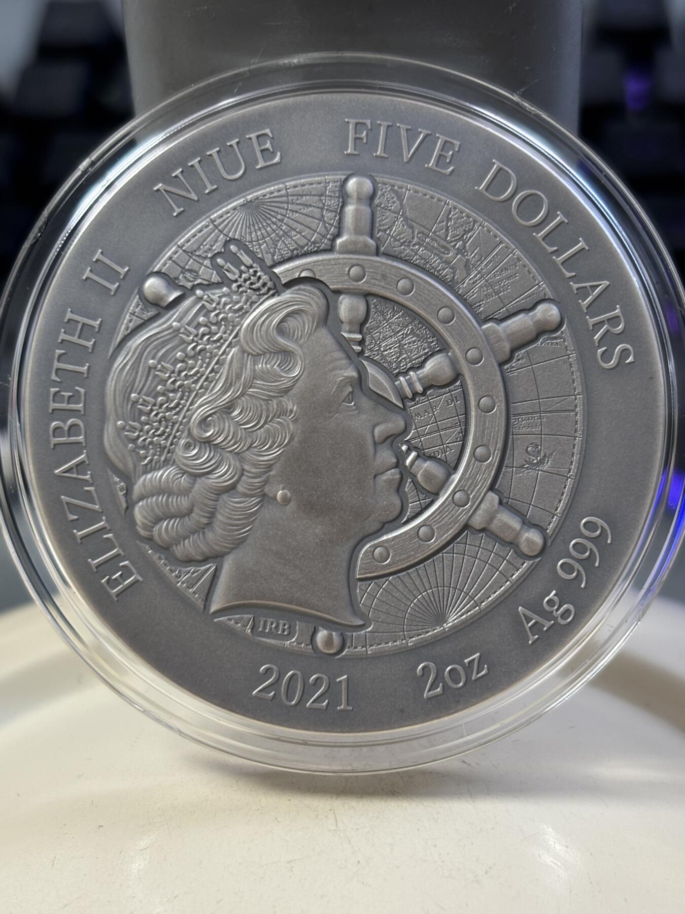 第188期拍卖 纽埃2021年沉船系列瓦萨号2盎司仿古彩色纪念银币，999银，发行500枚