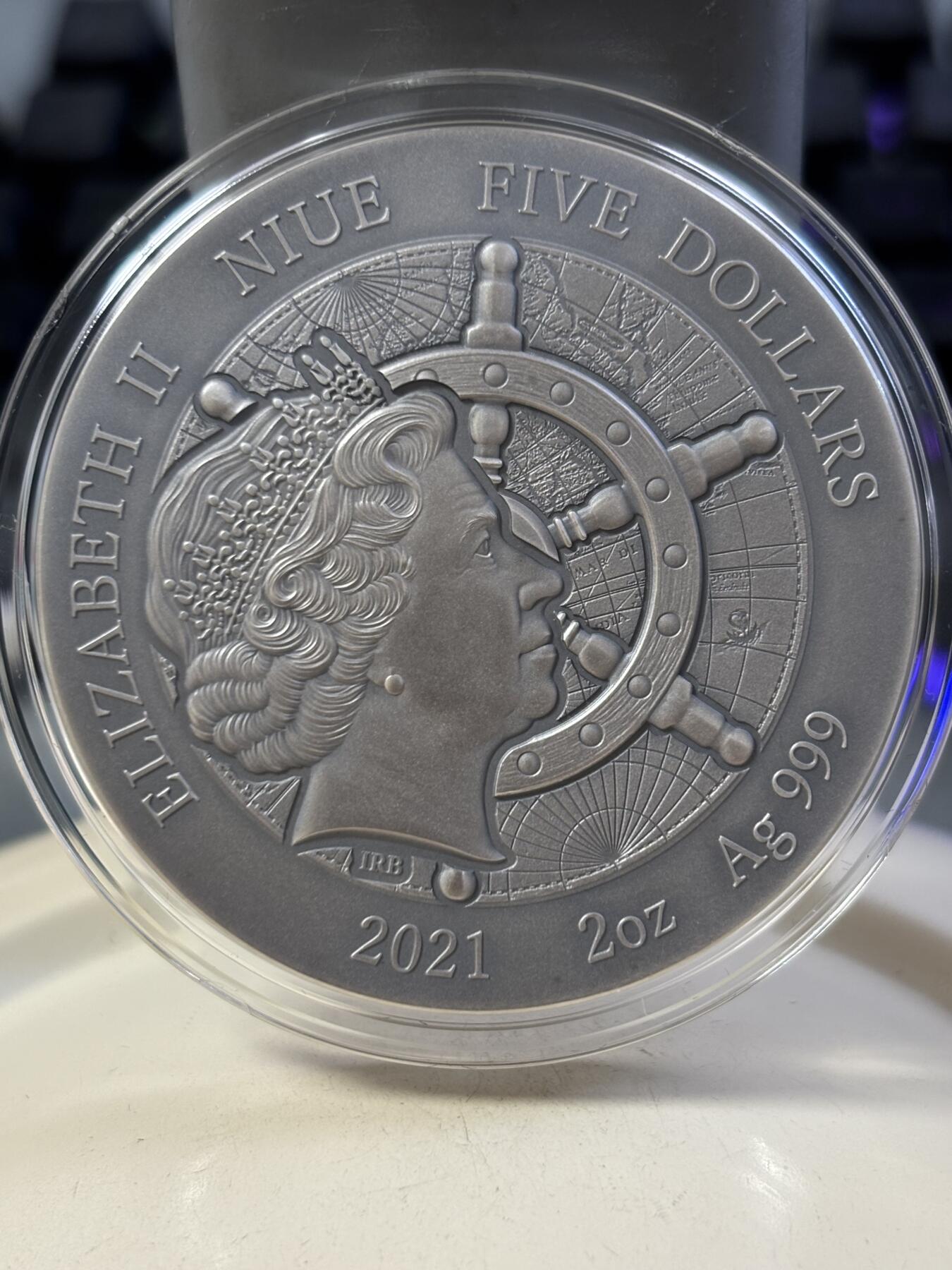 第188期拍卖 纽埃2021年沉船系列瓦萨号2盎司仿古彩色纪念银币，999银，发行500枚