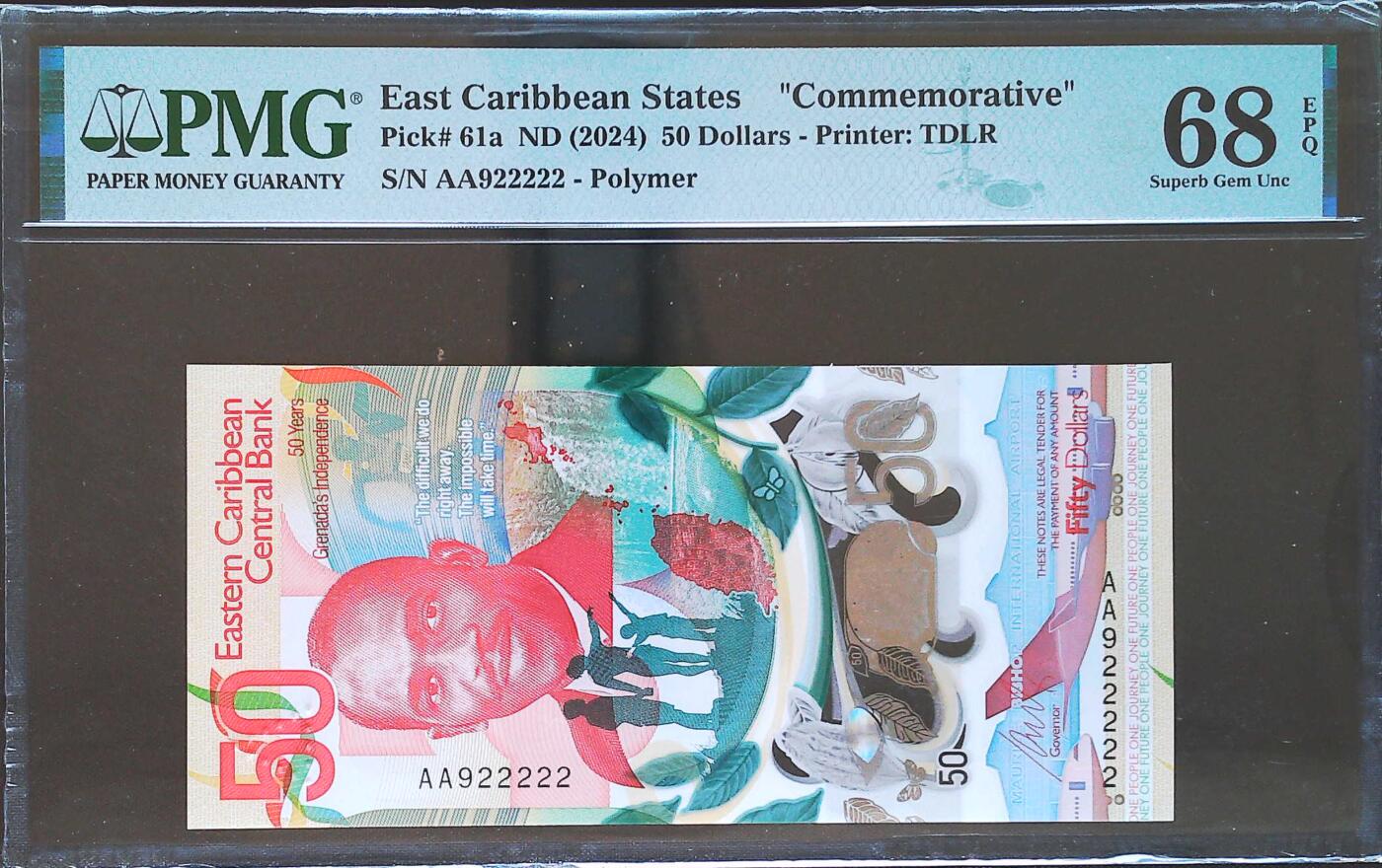 世界靓号纸钞第八十一期 2024年东加勒比50元纪念钞 首发AA冠 超级靓号 数二 全程无3457 老虎号22222 PMG68 超高分 冠军分 难出分品种