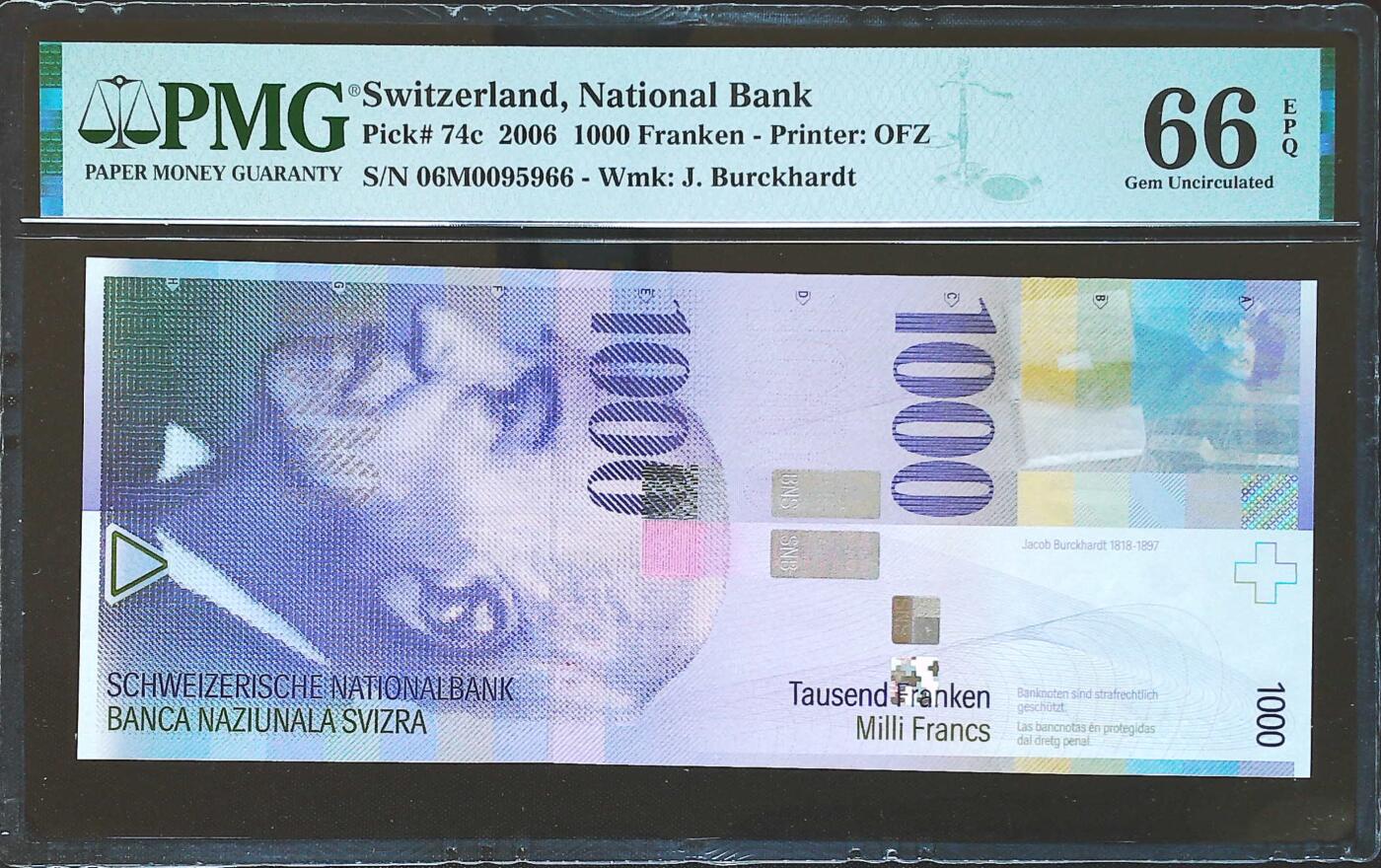 世界靓号纸钞第八十一期 2006年瑞士1000法郎 全程无347 当下最火的金马王 966尾 PMG66 瑞士人像版最大面值