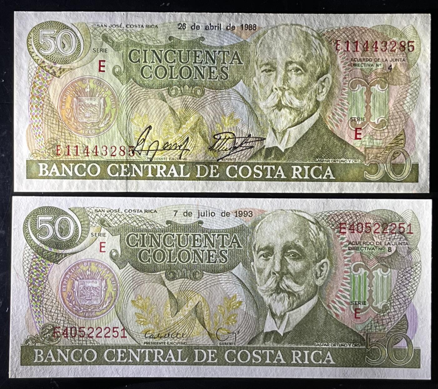 小福收藏拍卖第199期 裸钞场 本期有多张豹子号靓号 瑞士1000法郎 经典提香 毛里求斯首发年大全套 白俄罗斯5000000卢布 苏里南10000盾  爱沙尼亚  苏丹 西班牙 保加利亚 古巴等多国精美纸币 哥斯达黎加 1988年 50科朗 首版+ 1993年 50科朗 1组2张 unc