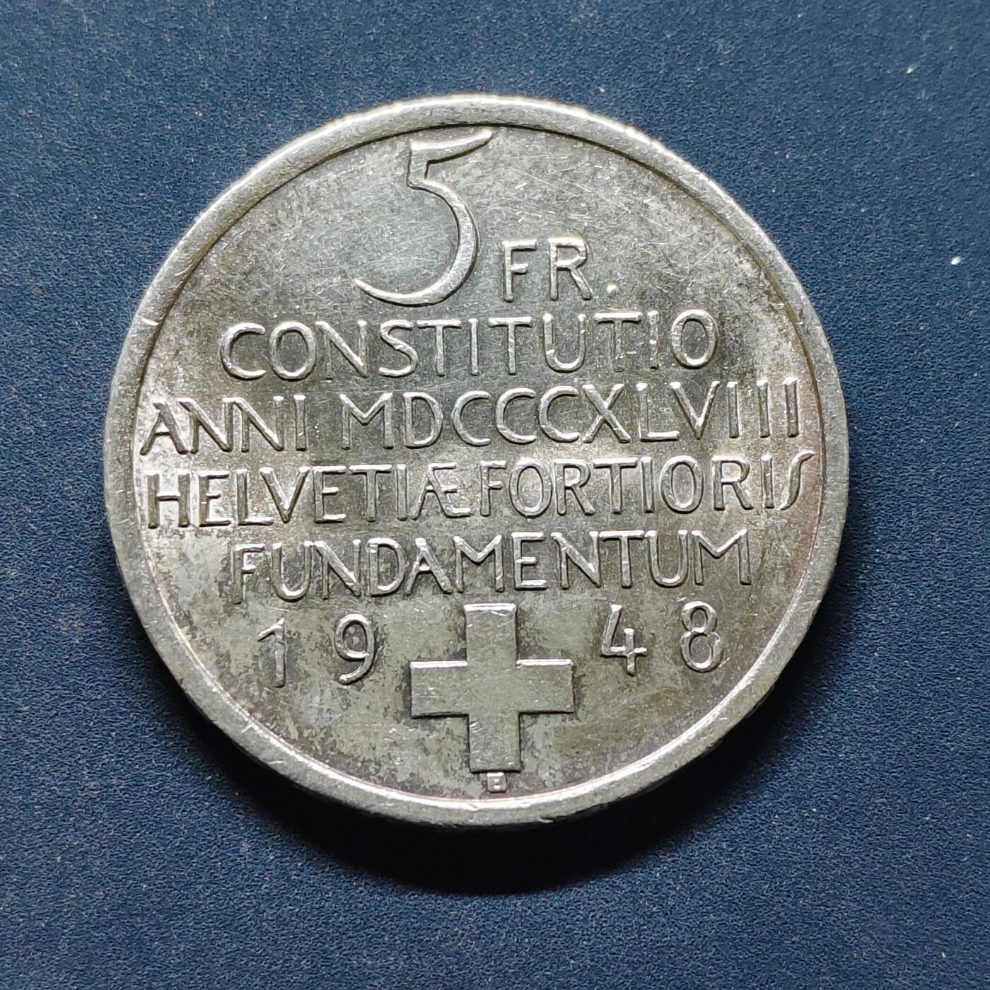 【全场包邮】纯粹捡漏拍495场-持续更新中 瑞士1948年5法郎宪法百年纪念银币【31毫米15克，纯银价约250元（按20元银价折算）】