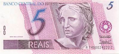 小福收藏拍卖第199期 裸钞场 本期有多张豹子号靓号 瑞士1000法郎 经典提香 毛里求斯首发年大全套 白俄罗斯5000000卢布 苏里南10000盾  爱沙尼亚  苏丹 西班牙 保加利亚 古巴等多国精美纸币 - 巴西 1997-2011年 5雷亚尔 豹子号222 unc