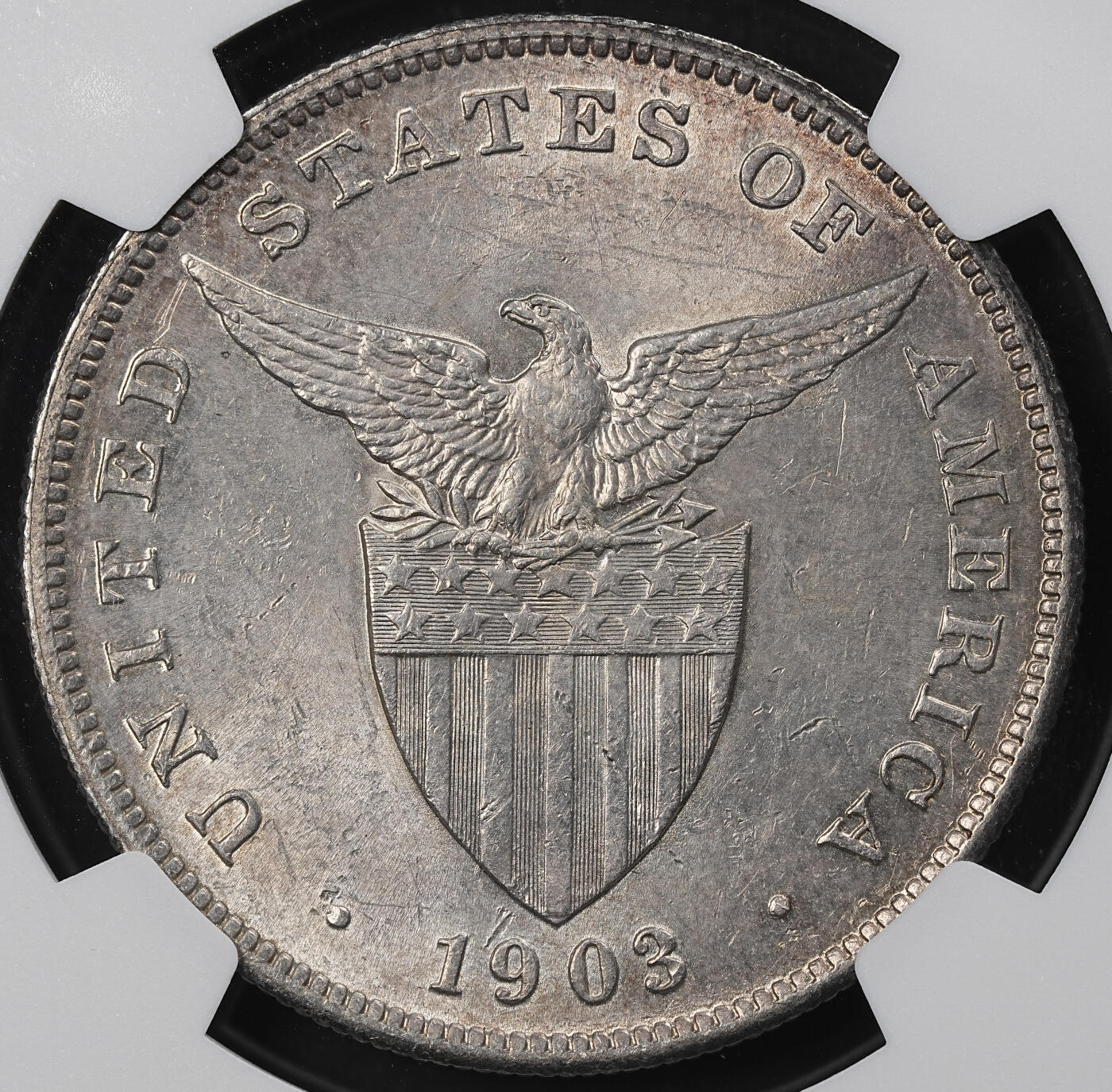 修遠堂世界钱币第101期 NGC MS61 1903年美属菲律宾1比索大银币 稀少无厂铭版，不是常见的S厂铭版