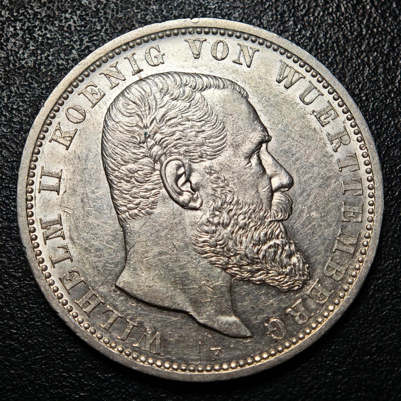 【德藏】世界币章拍卖第162期（拍品征集中~欢迎藏友联系） 1908年 德国符腾堡威廉二世5马克大银币 直径约：38mm；重约：27.7g