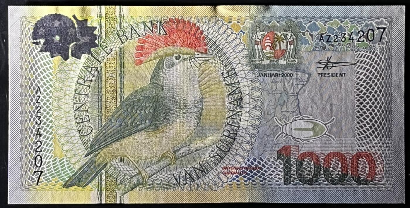 小福收藏拍卖第199期 裸钞场 本期有多张豹子号靓号 瑞士1000法郎 经典提香 毛里求斯首发年大全套 白俄罗斯5000000卢布 苏里南10000盾  爱沙尼亚  苏丹 西班牙 保加利亚 古巴等多国精美纸币 苏里南 2000年 1000盾 unc