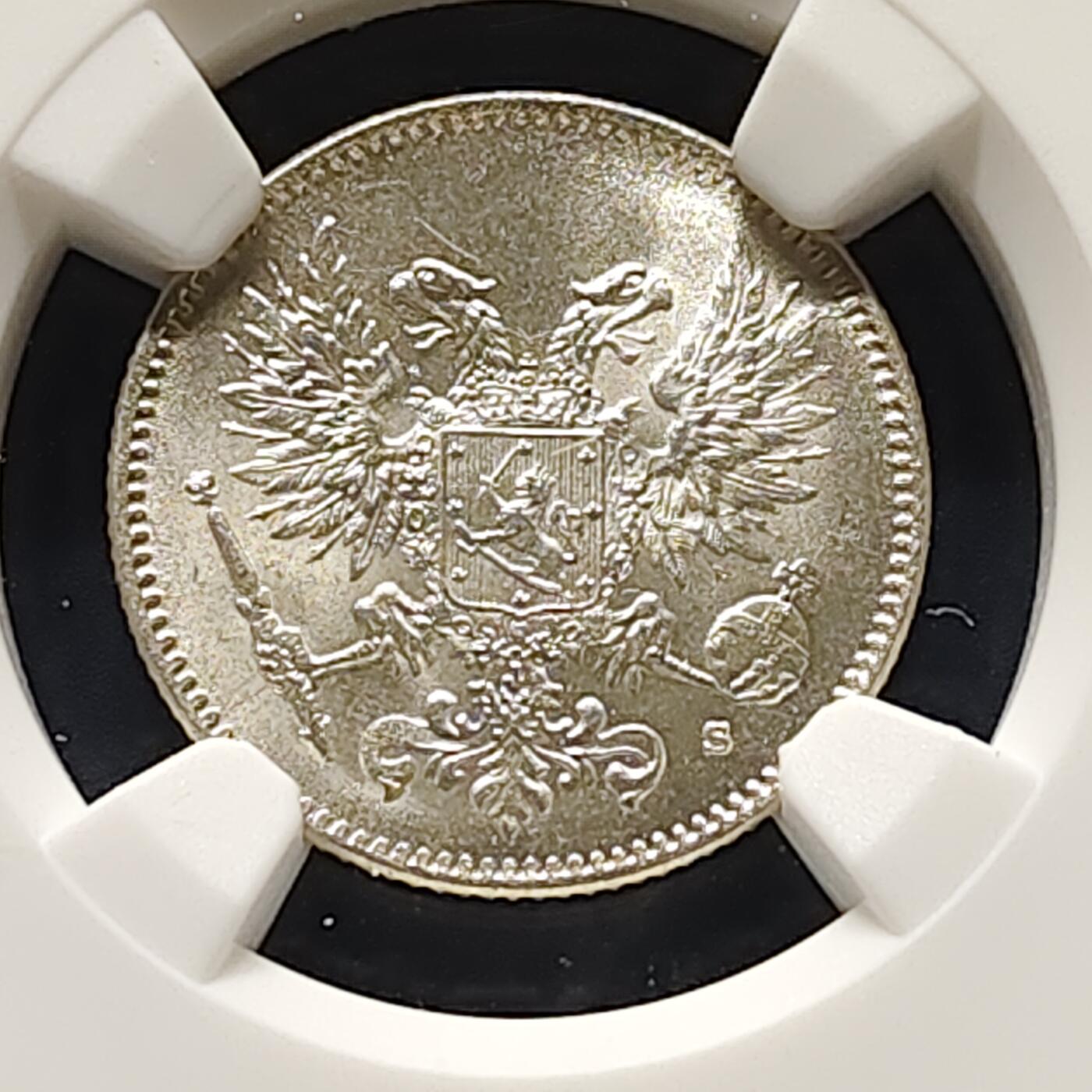 【全场包邮】纯粹捡漏拍495场-持续更新中 【收藏级】芬兰1917年内战版无冠双头鹰50盆尼银币-NGC MS65