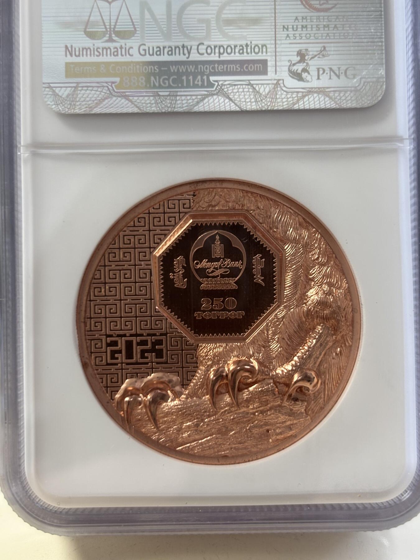 第188期拍卖 蒙古2023年野生动物猎鹰双面高浮雕铜币NGC-PF70首无原盒证书，50克