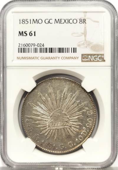 博洋堂世界钱币拍卖第157期（全场包邮） - NGC MS61 墨西哥1851年MO-GC版花边鹰洋8里亚尔 少见早期年份 打制出色 鹰面呈五彩包浆 上手视觉效果甚佳