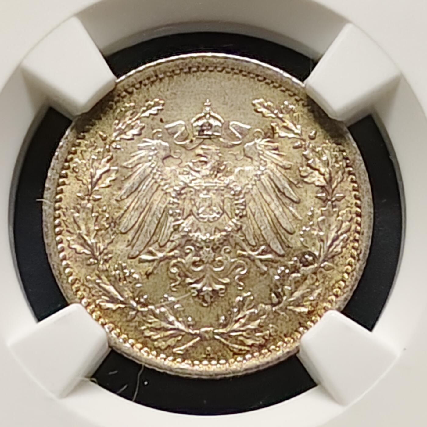 【全场包邮】纯粹捡漏拍495场-持续更新中 德国第二帝国1916年1/2马克银币（彩色包浆）-NGC MS66