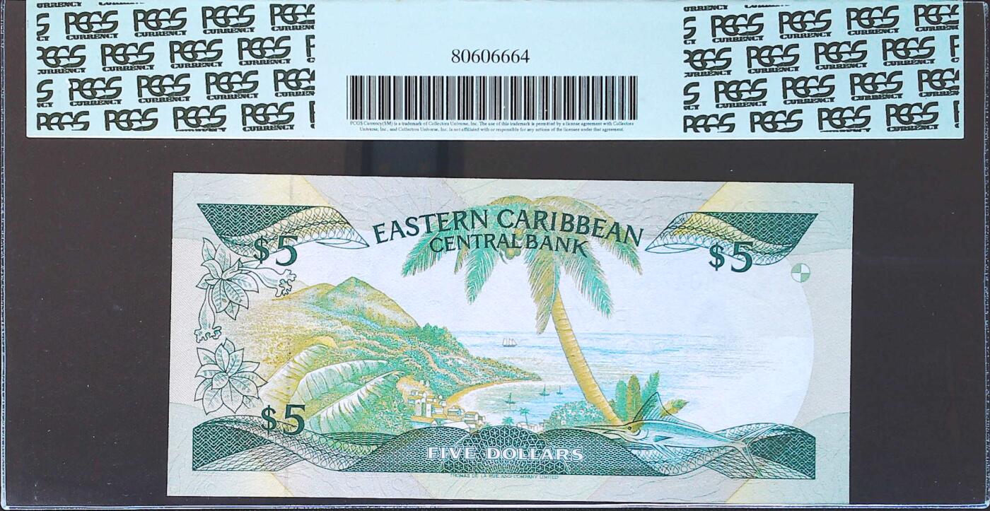世界靓号纸钞第八十一期 1986-88年东加勒比5元 早期女王 PCGS绿标65分