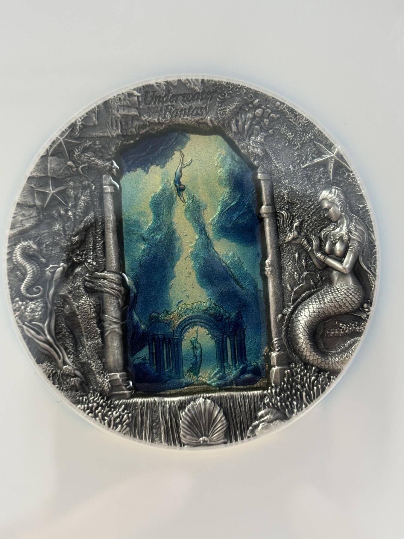 第188期拍卖 帕劳2024年水下幻想美人鱼3盎司银币NGC-MS70分首无盒证书，3盎司，发行777枚