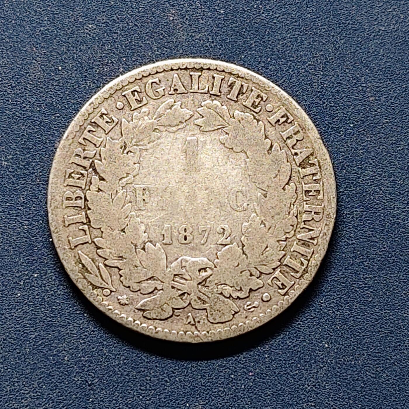 【全场包邮】纯粹捡漏拍494场 法国1872年花冠女神1法郎【23毫米5克，纯银价约83元（按20元银价折算）】