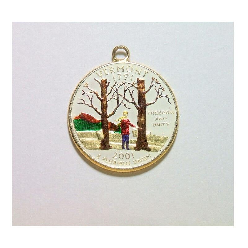 纯手工 美国2001年佛蒙特州 华盛顿琅彩镀金高浮雕精制币章吊坠 25MM
