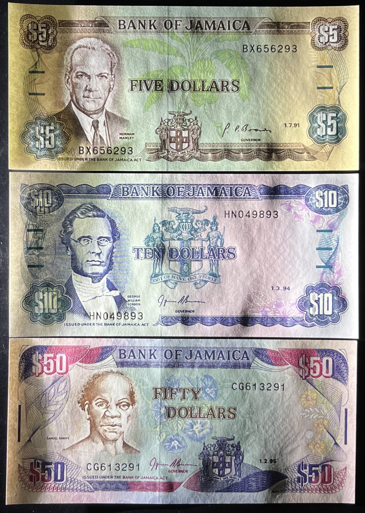 小福收藏拍卖第199期 裸钞场 本期有多张豹子号靓号 瑞士1000法郎 经典提香 毛里求斯首发年大全套 白俄罗斯5000000卢布 苏里南10000盾  爱沙尼亚  苏丹 西班牙 保加利亚 古巴等多国精美纸币 牙买加 1985-1999年 5 10 50元 1组3张（2张无47）unc