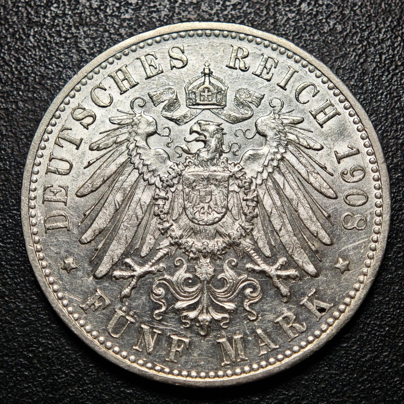 【德藏】世界币章拍卖第162期（拍品征集中~欢迎藏友联系） 1908年 德国符腾堡威廉二世5马克大银币 直径约：38mm；重约：27.7g