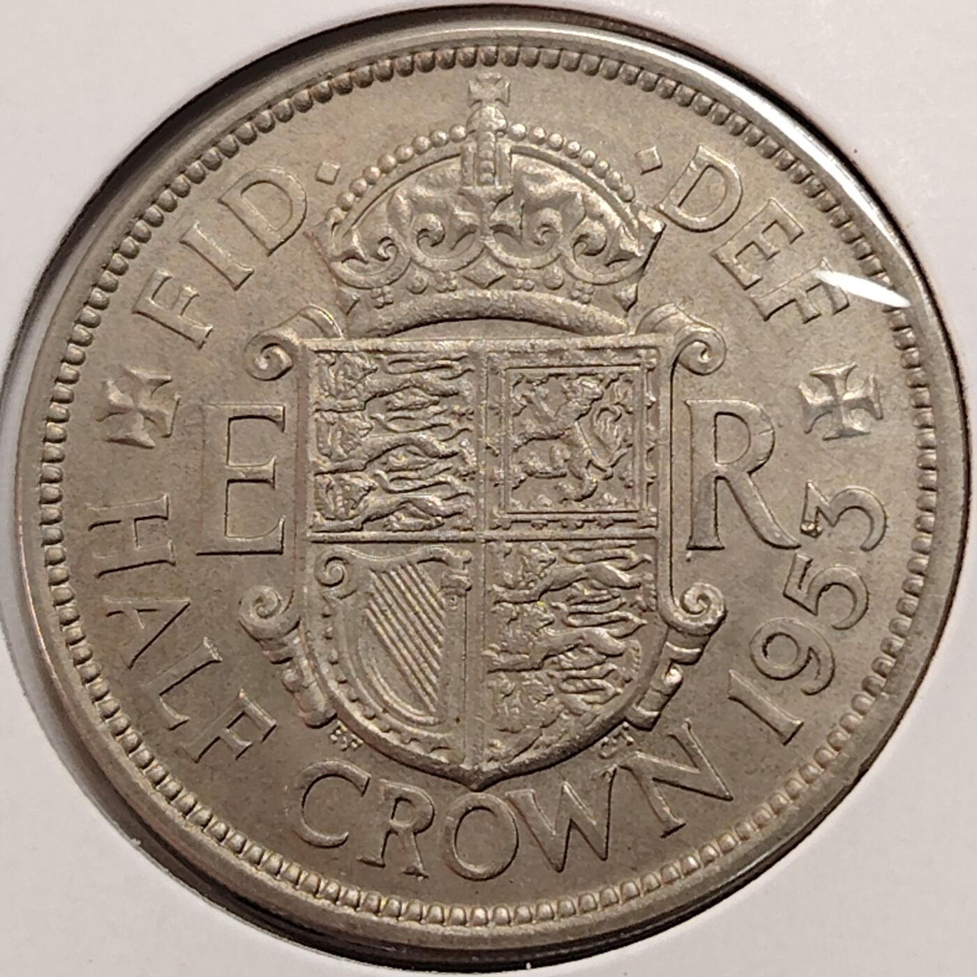 布加迪🐬～世界钱币(上海)🌾第 269 期 /  各国套币和散币 英国🇬🇧 1953年 1/2克朗 好品相