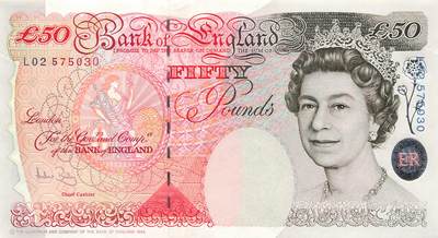 小福收藏拍卖第199期 裸钞场 本期有多张豹子号靓号 瑞士1000法郎 经典提香 毛里求斯首发年大全套 白俄罗斯5000000卢布 苏里南10000盾  爱沙尼亚  苏丹 西班牙 保加利亚 古巴等多国精美纸币 - 英国 1994年 50镑 E序列 紫外轻微指纹痕 unc