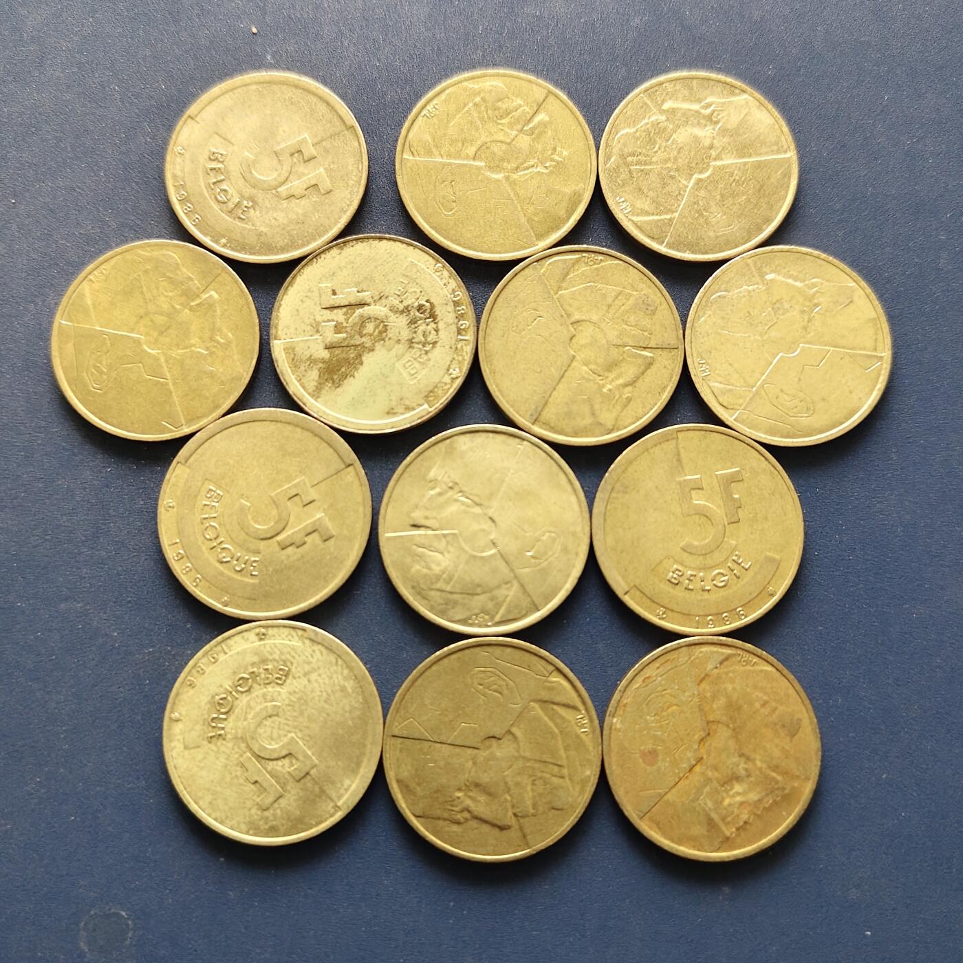 【全场包邮】纯粹捡漏拍494场 比利时各年份5法郎散币13枚一组