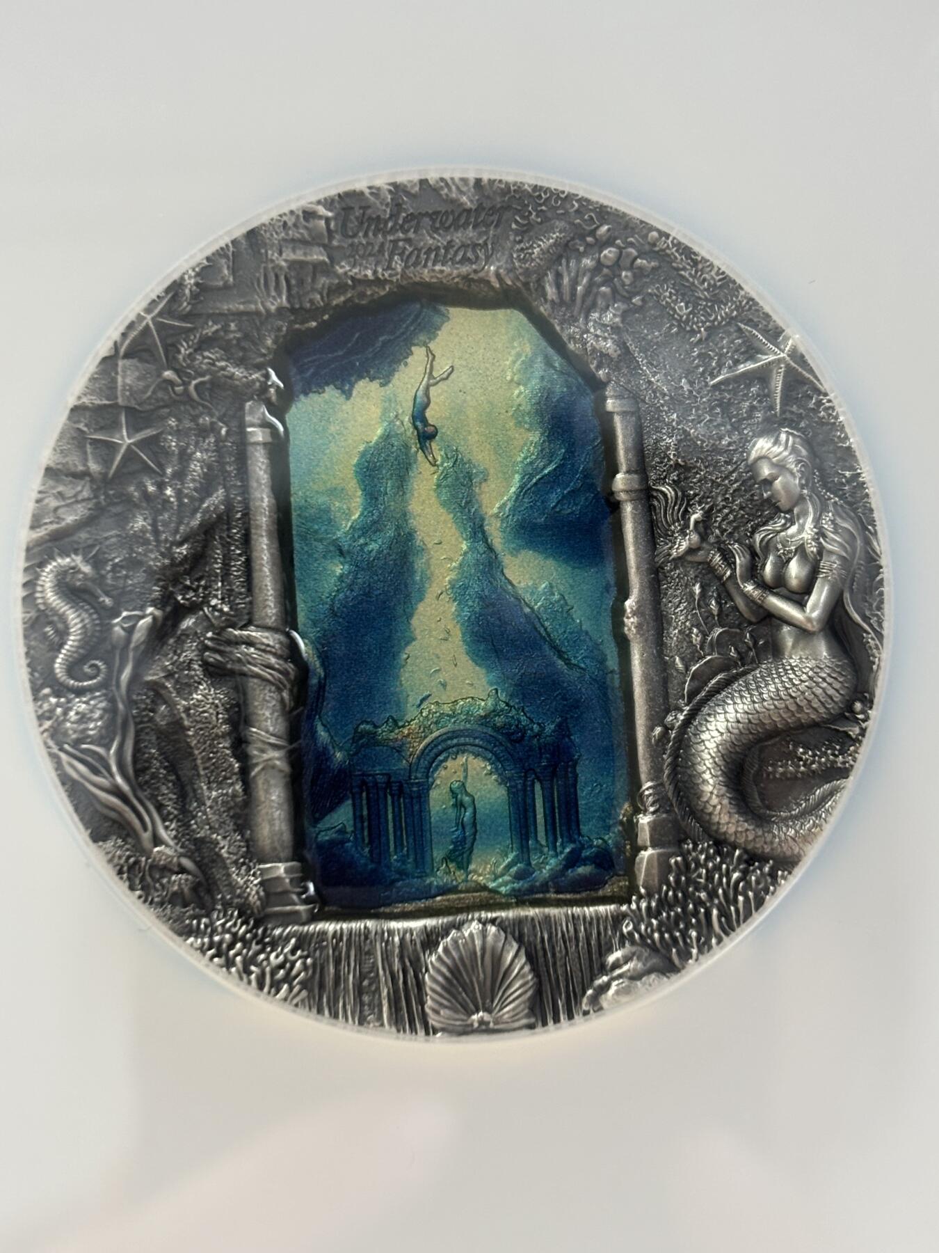 第188期拍卖 帕劳2024年水下幻想美人鱼3盎司银币NGC-MS70分首无盒证书，3盎司，发行777枚