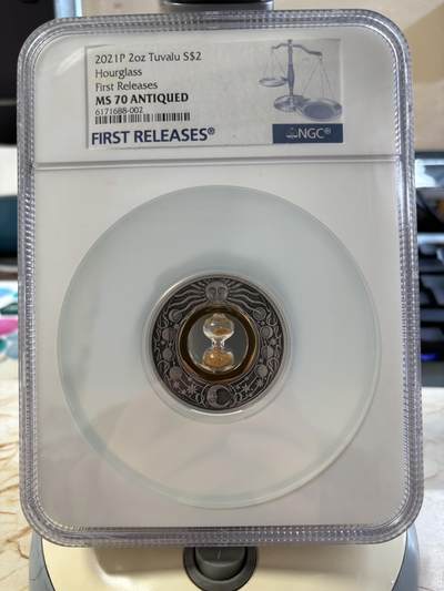 第188期拍卖 -  图瓦卢2021年镶嵌计时沙漏2盎司仿古纪念银币NGC-MS70首无盒无证书，999银，发行2500枚